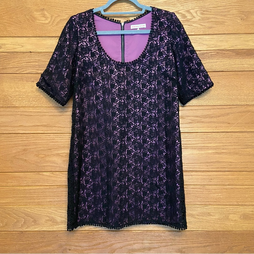 Rebecca Taylor black lace purple lined shift dress